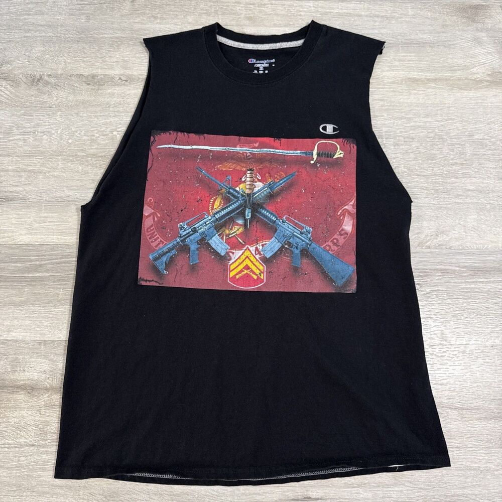 Military Shirt Men’s XL Champion Black Sleeveless Cutoff Weapons Graphic Tee